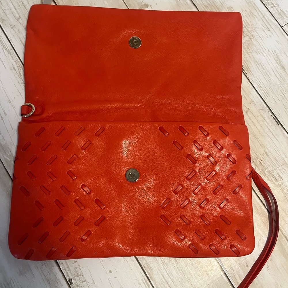 Christopher Kon Vintage Ostrich Embossed Leather Foldover Clutch Red - Picture 3 of 11